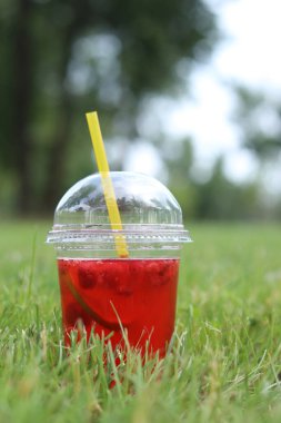 Tek kullanımlık plastik bardakta limonata çimlerin üzerinde duruyor. Yazın parkta serinletici bir içki. Ahududu ve limonlu pembe limonata. İçkiyi çimenlikteki tek kullanımlık bardakta yakın plan çek.