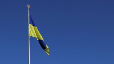 Gökyüzüne karşı Ukrayna bayrağı ve arması. Bayrak direğindeki mavi ve sarı bayrak. Ukrayna bayrağı sallıyor ve açık mavi gökyüzü. Ulusal kimlik, vatanseverlik, ülkenin sembolleri. Eyalet bayrağı