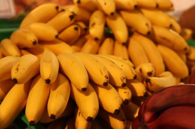 Olgun muzlar birikti. Süpermarkette satılan sarı muzlar. Yiyecekler. Bakkal geçmişi. Sokak pazarında bir sürü olgun muz. Mini ya da bebek muzları yaklaşın