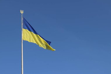 Kyiv, Ukrayna - 26 Haziran 2025: Ukrayna bayrağı ve arması gökyüzüne karşı. Bayrak direğindeki mavi ve sarı bayrak. Ukrayna bayrağı sallıyor ve açık mavi gökyüzü. Ulusal kimlik