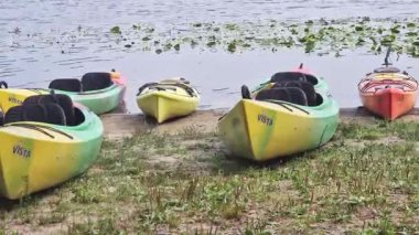 Kyiv, Ukrayna - 27 Temmuz 2025: Kayıklar suyun yakınındaki kumda uzanıyorlar. Yazın aktif bir eğlence. Turist rotası, hobi, su sporları için kano kiralama. Sahilde renkli kanolar