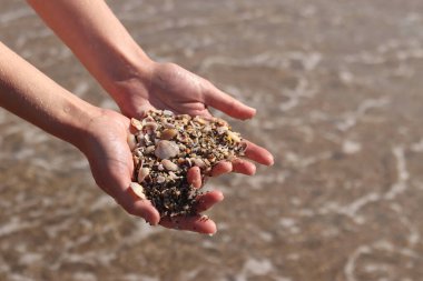 Bir avuç kabuk ve deniz kumu tutan kadın ellerinin yakın çekimi. Denizde tatil, deniz kenarında tatil. Elinde deniz kabukları tutan bir kız. Eller deniz dalgalarının arka planında. Plaj