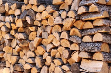 Duvar boyunca yığılmış odun yığını. Ahşap kütükler kes. Sokağın avlusundaki duvarda depolanmış yakacak odunlar. Kışın soba için yakıt. Odun, kurutmak için istiflenir.