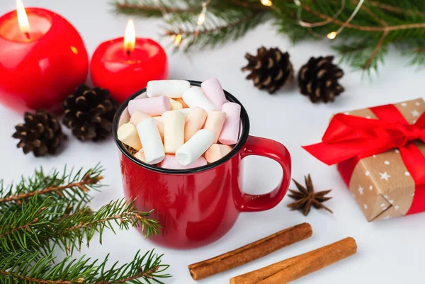 Christmas Drink Hot Chocolate Cocoa Marshmallows Red Cup Table Festive — Stock Photo, Image