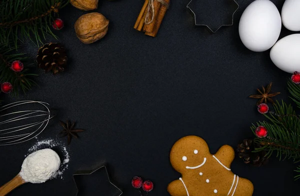 Χριστουγεννιάτικο Ψήσιμο Υλικά Για Ψήσιμο Μελόψωμο Και Χριστουγεννιάτικη Διακόσμηση Μαύρο — Φωτογραφία Αρχείου