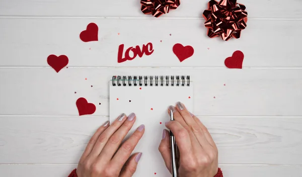 Woman Hands Write Notebook Pen Festive Flatlay Composition Love Romantic — Stock Photo, Image