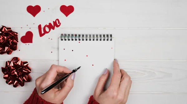Woman Hands Write Romantic Congratulation Valentine Day Notebook Valentine Day — Stock Photo, Image