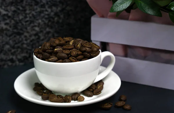 Aromatic Coffee Beans Cup Table Close Copy Space Selective Focus — Stock Photo, Image