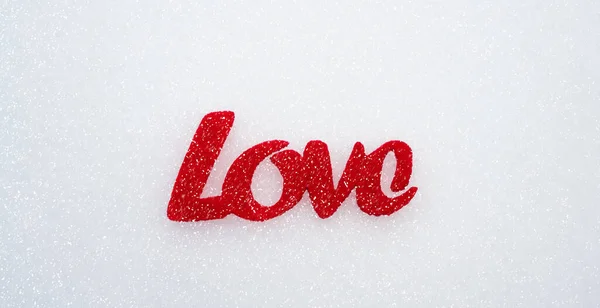 Люблю Слово Любіть Снігу Валентинів День Банер Зблизька Краєвид Вибіркове — стокове фото