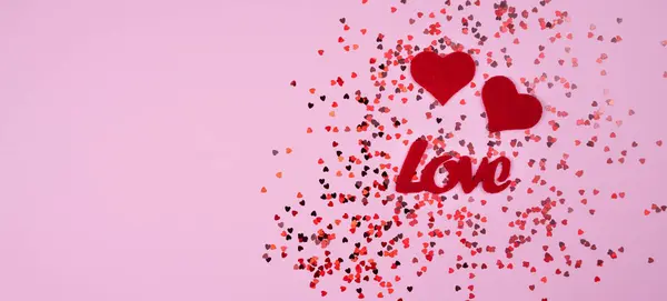 Valentine Day Concept Two Red Hearts Word Love Pink Background — Stockfoto