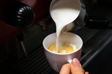 Barista girl pours freshly milk in to coffee. Close-up. Selective focus.
