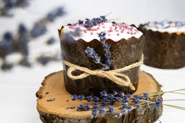Easter cake with with lavender sprigs. Close-up. Selective focus.