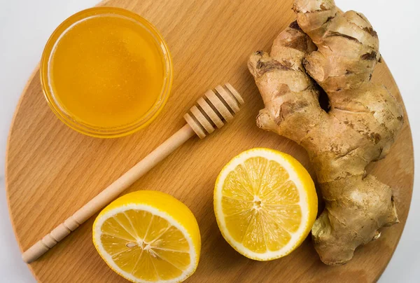 A honey, lemon and ginger for a vitamin and healthy drink. Top view. Close-up. Selective focus.