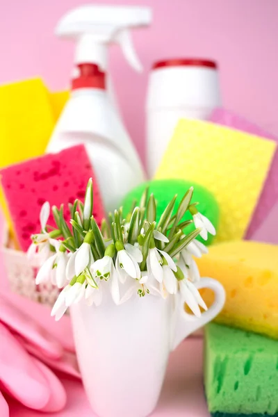 Flores Primavera Varios Detergentes Para Limpiar Casa Sobre Fondo Rosa — Foto de Stock