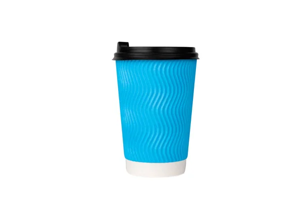 蓝色波纹纸一次性杯 用于卡布奇诺或拿铁分离的白色背景 咖啡要走了四 后续行动 — 图库照片