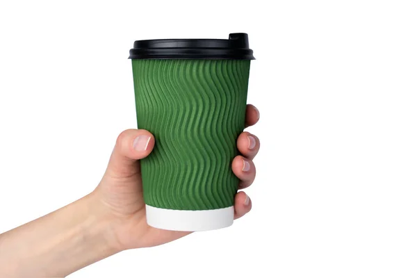 Kvinnans Hand Håller Grön Pappersmugg Med Kaffe Eller Isolerad Vit — Stockfoto