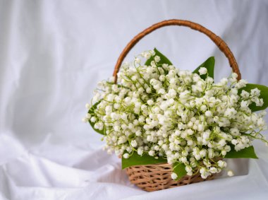 Beyaz arka planda vadi zambakları olan sepet. Tebrik kartı. Uzayı kopyala Seçici odak.