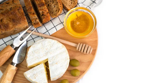 Cheese Camembert Crispy Baguette Honey Table French Breakfast Close Top — Stock Photo, Image