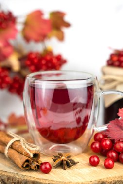 Cam bardakta tarçınlı Viburnum çayı ve yıldız anason. Yakın plan. Seçici odak.