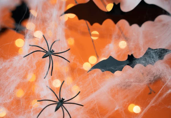 Decoração Festiva Halloween Com Aranhas Morcegos Teias Aranha Close Foco — Fotografia de Stock