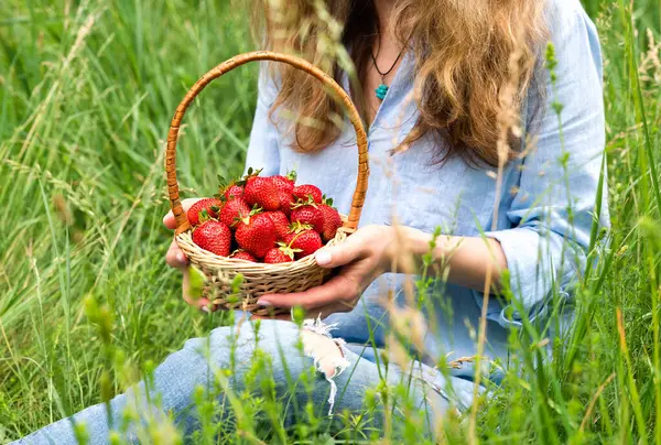 若い女性は草の上に座っている間に熟したイチゴのバスケットを持っています 健康的な食事 アウトドアレクリエーション スペースをコピーする 選択的なフォーカス ストック写真
