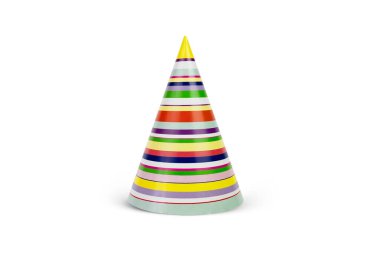 Beyaz arka planda izole edilmiş parlak çizgili parti şapkası. Yakın plan..