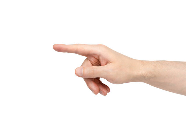 Man's hand pointing to something with her index finger isolated on white background. Close up.