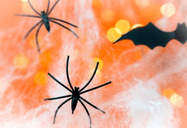 Cadılar Bayramı için şölen dekoru. Örümcek ağlarında örümcekler ve yarasalar. Yakın plan. Seçici odak.