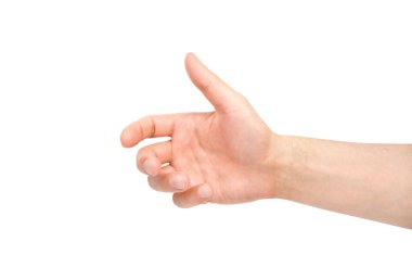 Adamın eli beyaz arka planda bir şey tutarken izole edilmiş..