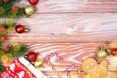 Noel şenliği geçmişi. Flatlay. Üst Manzara. Boşluğu kopyala.