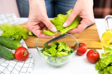 Genç bir kadın salataya yeşil marul yaprakları koyar. Sağlıklı gıda kavramı. Yakın plan..