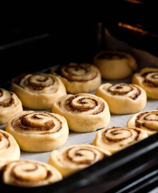 Fırındaki kabın üzerinde çiğ tarçınlı rulo. Çörek günahı yapma süreci. Yakın plan. Seçici odak.