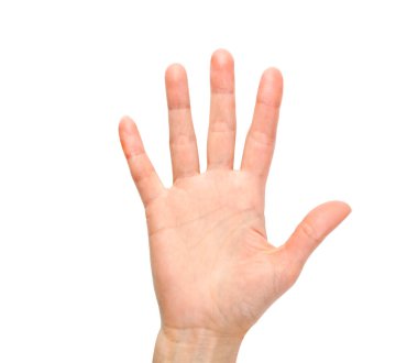 Kadın eli, beyaz arka planda izole edilmiş beş parmağı gösteriyor. Ön manzara. Yakın plan..