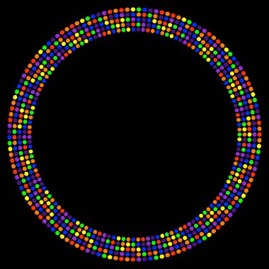 Gökkuşağı renkleri nokta çerçevesi. Siyah arkaplanda izole edilmiş renkli nokta desenli daire çerçeveler. Spektrum konsepti. Kenarlık yuvarlak şablonu.