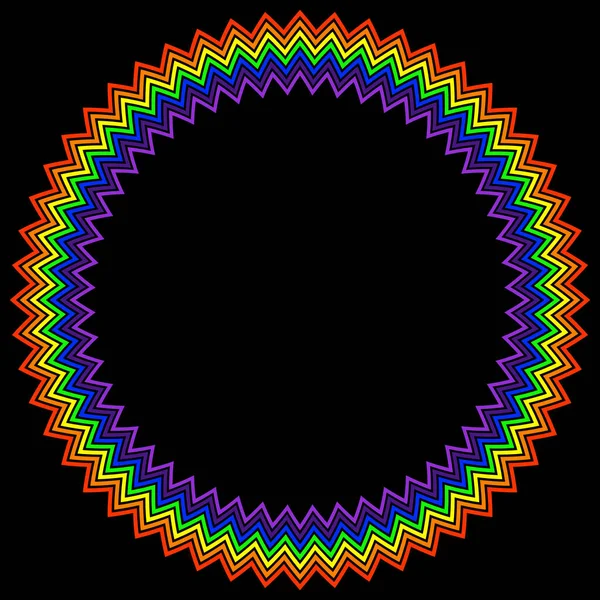 波纹线彩虹色框架 圆形框架与彩色锯齿状条纹模式隔离在黑色背景 频谱概念Spectrum Concept 边境回合模板 — 图库矢量图片