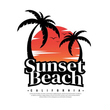 Tişörtler ve diğer baskı ürünleri için beyaz arkaplan grafikleri üzerine Sunset Beach logosu. Yaz plajı konsepti. Tasarım için vektör illüstrasyonu. 