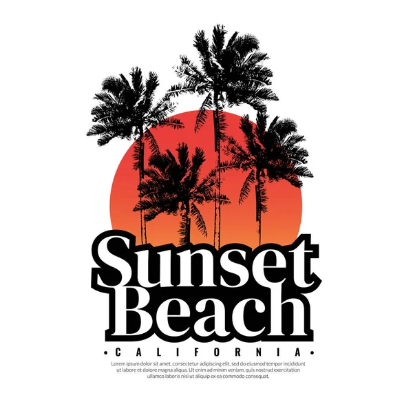 stock vector Sunset Beach logo on white background graphics for t-shirts and other print production. Vector illustration for design. Summer beach concept.