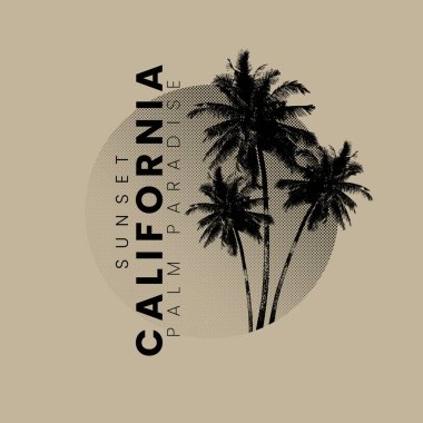 Tişörtler ve diğer baskı ürünleri için bej arkaplan grafikleri üzerinde Sunset California Palm Paradise logo rozeti. Klasik yarım ton tarzı. Tasarım için vektör illüstrasyonu.