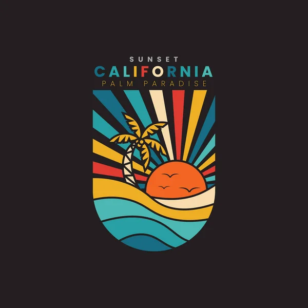 Retro Vintage Καλιφόρνια Sunset Beach Logo Κονκάρδες Μαύρο Φόντο Γραφικά — Διανυσματικό Αρχείο