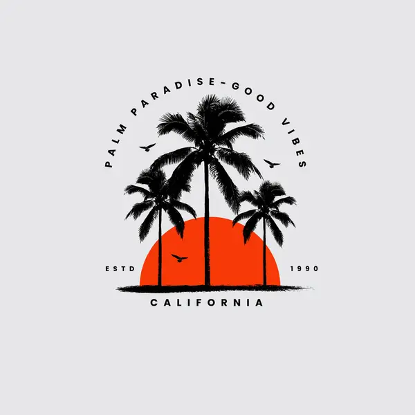 stock vector California sunset logo badge on white background graphics for t-shirts and other print production. Palm tree silhouette concept. Vector illustration. Flat style design.