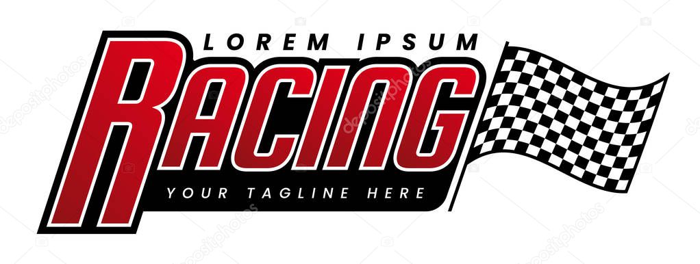 Racing logo with checkered flag on isolated white background. Racing team sticker concept. Vector illustration.
