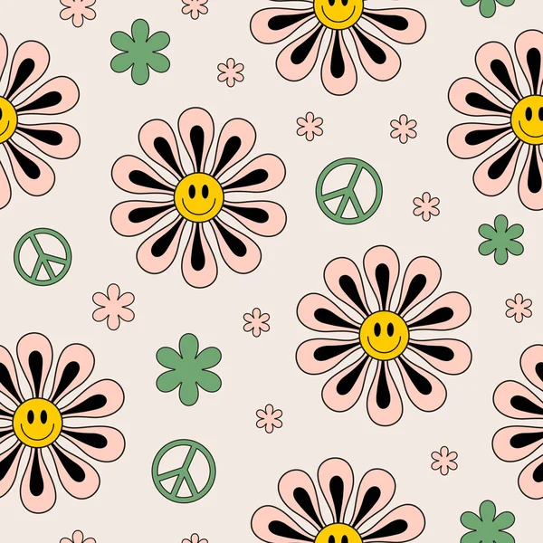Retro Groovy Naadloos Patroon Met Schattige Glimlachende Bloemen Vrede Symbolen — Stockvector