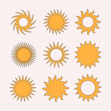60 'larda, 70' lerde basit hippi güneşi koleksiyonu. Moda tasarım şablonları. Vektör illüstrasyonu