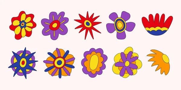 stock vector Retro collection of colorful hippie flowers. Vintage festive groovy botanical design. Trendy vector illustration in 70s and 80s style.