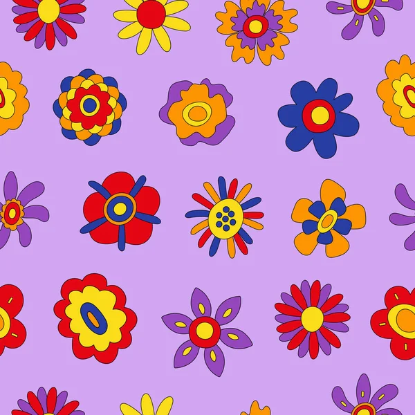 Retro Seamless Pattern Colorful Hippie Flowers Purple Background Vintage Festive — Stock Vector