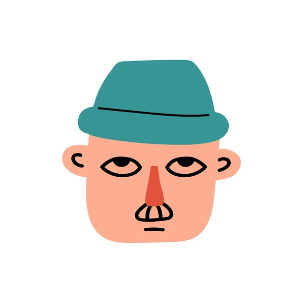 Charakter Gesicht Erwachsenen Ernsten Mann Mit Hut Isoliert Auf Weißem — Stockvektor