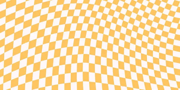 Çarpık sarı ve beyaz kareli yatay arkaplan. Çarpıtmalı, modaya uygun bir afiş. Vektör illüstrasyonu