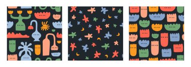 Rengarenk, tuhaf çiçekler ve karalama şekilleri olan soyut, pürüzsüz desenler. Moda el çizimi koyu bir arka planda izole edilmiş hayali karakterler. Vektör illüstrasyonu