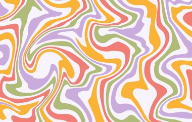 Renkli çarpık dalgalı soyut yatay arka plan. 60 'lar ve 70' lerde modaya uygun vektör çizimi. Pastel renkler