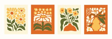 Çeşitli çiçekli, soyut botanik set posterleri. Saf sanat dekoru. Moda el çizimi vektör illüstrasyonu